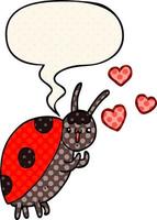 schattig tekenfilm lieveheersbeestje in liefde en toespraak bubbel in grappig boek stijl vector