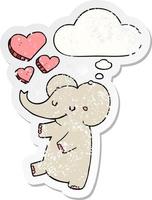 tekenfilm olifant met liefde harten en gedachte bubbel net zo een verontrust versleten sticker vector