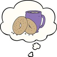 cartoon koffie en donuts en gedachte bel vector