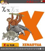 brief X van alfabet met tekenfilm xenartha dieren vector