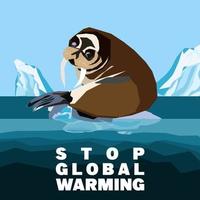 globaal opwarming abstract concept. walrus afdrijven Aan een klein ijs ijsschots van smelten antarctisch gletsjer. vlak tekenfilm vector illustratie, hou op globaal opwarming citaat