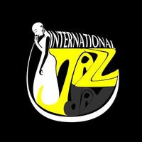 Internationale jazz- dag muziek- negatief ruimte stijl vector poster voor jazz- festival of nacht blues retro partij met kaal vrouw zanger en retro microfoon. gestileerde belettering Internationale jazz- dag