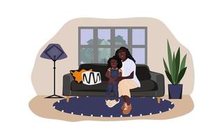 Afrikaanse Amerikaans moeder met dochter zittend Aan de sofa in de kamer met modern interieur. gelukkig glimlachen Afrikaanse Amerikaans familie. vector vlak illustratie