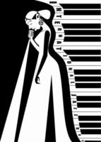 Internationale jazz- dag muziek- negatief ruimte stijl vector poster voor jazz- festival of nacht blues retro partij met piano sleutels en jazz- vrouw Afro Amerikaan zanger.