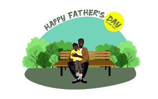 gelukkig Afrikaanse Amerikaans familie zit Aan een park bank in zonnig weer gelukkig vaders dag conceptuele vector ontwerp. vader zit Aan een bank met zijn kinderen
