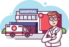 dokter in voorkant van ziekenhuis met ambulance vector