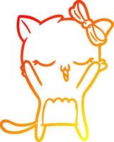 warme gradiënt lijntekening cartoon kat met strik op hoofd vector