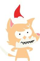 egale kleurenillustratie van een grijnzende vos die een kerstmuts draagt vector