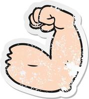 retro verontrust sticker van een tekenfilm sterk arm buigen biceps vector