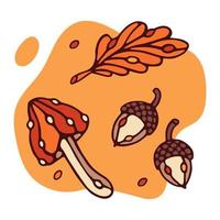 Hallo herfst set. paddestoel, eikel, en eik blad Aan geel achtergrond vector illustratie. sjabloon voor ontwerp dankzegging dag, halloween. concept herfst