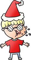 helling tekenfilm van een jongen vervelend bril vervelend de kerstman hoed vector