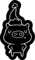 cartoon icoon van een tevreden varken met een kerstmuts vector
