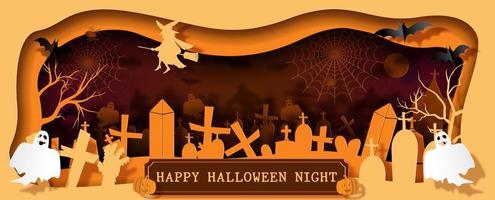 landschap visie van halloween eng nacht atmosfeer met gelukkig halloween nacht belettering Aan houten banier in een gat vorm en laag papier besnoeiing vector en web banier ontwerp.