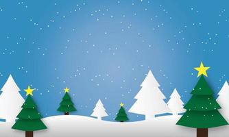 Kerst achtergrondontwerp van dennenboom en sneeuwvlok met sneeuw vallen in de winter vectorillustratie