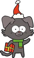 nerveuze hond lijntekening van een met cadeau met kerstmuts vector