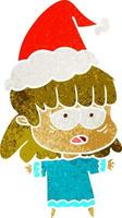 retro cartoon van een vermoeide vrouw die een kerstmuts draagt vector