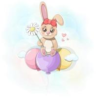 schattig tekenfilm konijn met een bloem is vliegend Aan ballonnen vector