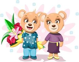een vrolijk en gelukkig jongen beer staat in de buurt een schattig beer meisje en houdt een boeket van bloemen vector