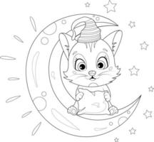 kleur bladzijde. tekenfilm schattig katje zittend Aan de maan. tijd naar slaap vector