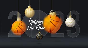 basketbal 2023 uitverkoop banier of groet kaart. vrolijk Kerstmis en gelukkig nieuw jaar 2023 sport banier met glasmorfisme of glas-morfisme vervagen effect. realistisch vector illustratie