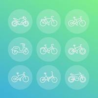 Fietsen lijn pictogrammen set, wielersport, motorfiets, motor, elektrisch fiets, dik fiets, scooter, vector illustratie