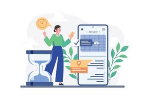 meisje controle haar vergadering schema Aan een mobiel app illustratie concept Aan wit achtergrond vector
