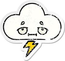verontruste sticker van een schattige cartoon donderwolk vector