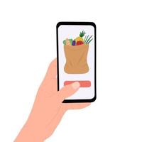 bestellen kruidenier online. bestellen met smartphone, boodschappen doen online. illustratie voor afdrukken, achtergronden, dekt, groet kaarten, affiches, sticker en seizoensgebonden ontwerp. geïsoleerd Aan wit achtergrond. vector