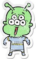 noodlijdende sticker van een happy cartoon alien vector