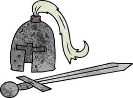 getextureerde tekenfilm tekening van een middeleeuws helm en zwaard vector