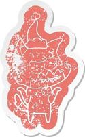 cartoon verontruste sticker van een grijnzende vos met een kerstmuts vector