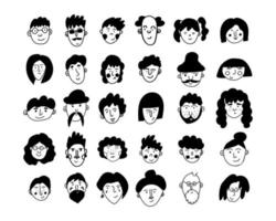 reeks van mensen avatars in tekening stijl. 30 portretten van jongens, Heren, meisjes, Dames, transgender mensen. verschillend leeftijden. vector illustratie, hand- getrokken