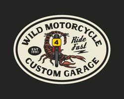 hand- getrokken wijnoogst stijl van mascotte motorfiets en garage logo insigne vector