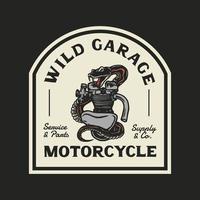 hand- getrokken wijnoogst stijl van mascotte motorfiets en garage logo insigne vector