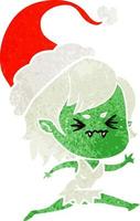 geërgerde retro cartoon van een vampiermeisje met een kerstmuts vector