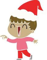 lachend vlak kleur illustratie van een Mens richten vervelend de kerstman hoed vector