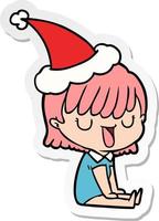 sticker cartoon van een vrouw die een kerstmuts draagt vector