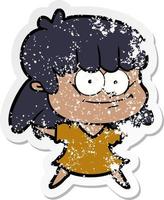 verontruste sticker van een lachend cartoonmeisje vector