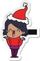 sticker cartoon van een gelukkige vrouw met een kerstmuts vector