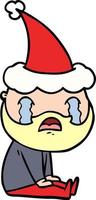 lijntekening van een bebaarde man die huilt en een kerstmuts draagt vector