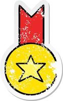 verontruste sticker van een leuke cartoon gouden medaille vector