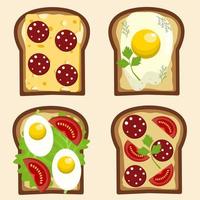 reeks van ontbijt toast met worst, tomaat, kaas, gebakken ei, sla en peterselie. vlak tekenfilm vector illustratie.