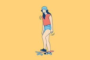 illustraties mooi vrouw spelen skateboard met emmer hoed vector