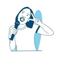 vlak stijl vector illustratie mooi het zingen meisje karaoke gelukkig partij houden microfoon