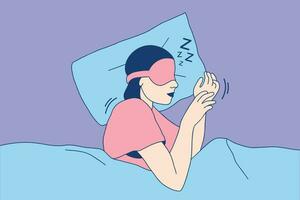 illustraties van mooi jong meisje met slaap masker nemen een dutje in de bed vector