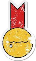 verontruste sticker van een leuke cartoon gouden medaille vector