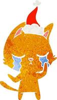huilen retro tekenfilm van een kat vervelend de kerstman hoed vector