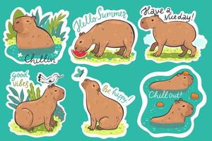 reeks van stickers met capibara's en inscripties. vector grafiek.