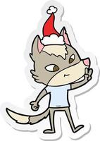 vriendelijk sticker tekenfilm van een wolf geven vrede teken vervelend de kerstman hoed vector