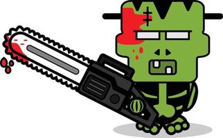 schattig frankenstein bot mascotte karakter tekenfilm vector illustratie Holding bloederig zag machine